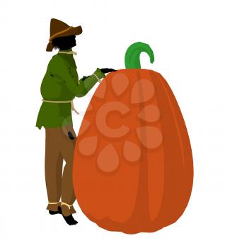 Royalty Free Clipart Image of a Scarecrow and a Pumpkin