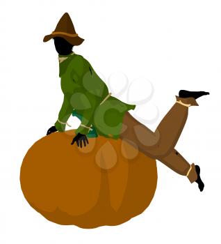 Royalty Free Clipart Image of a Scarecrow on a Pumpkin