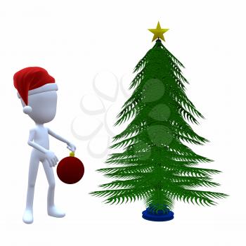 Royalty Free Clipart Image of a 3D Guy Decorating a Christmas Tree