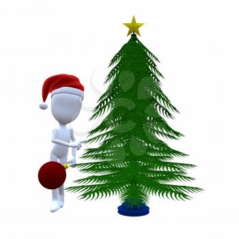 Royalty Free Clipart Image of a 3D Guy Decorating a Christmas Tree