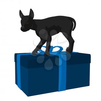 Royalty Free Clipart Image of a Black Pup and a Gift