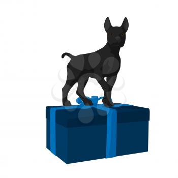 Royalty Free Clipart Image of a Black Pup and a Gift