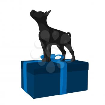 Royalty Free Clipart Image of a Black Pup and a Gift