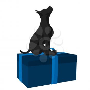 Royalty Free Clipart Image of a Black Pup and a Gift