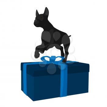 Royalty Free Clipart Image of a Black Pup and a Gift