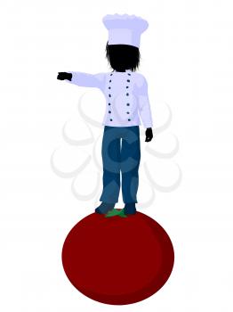 Royalty Free Clipart Image of a Boy Chef on a Tomato