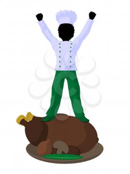 Royalty Free Clipart Image of a Boy Chef With a Roasted Turkey