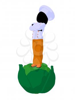 Royalty Free Clipart Image of a Child Chef on a Cabbage