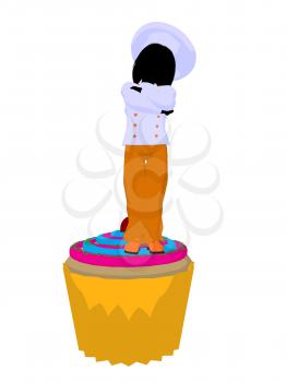 Royalty Free Clipart Image of a Child Chef on a Cupcake