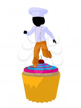 Royalty Free Clipart Image of a Child Chef on a Cupcake