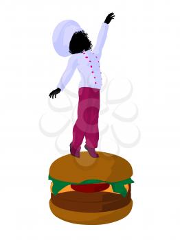 Royalty Free Clipart Image of a Girl Chef on a Hamburger