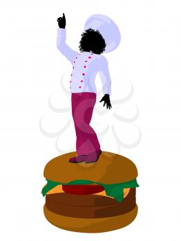 Royalty Free Clipart Image of a Girl Chef on a Hamburger