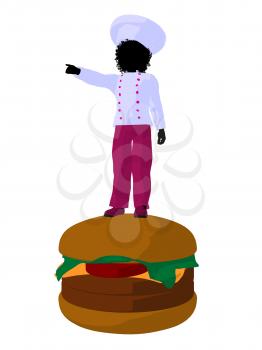 Royalty Free Clipart Image of a Girl Chef on a Hamburger