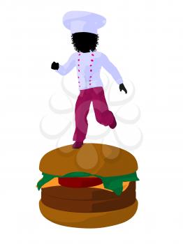 Royalty Free Clipart Image of a Girl Chef on a Hamburger