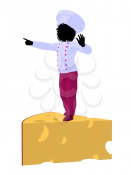 Royalty Free Clipart Image of a Girl Chef on a Piece of Cheese