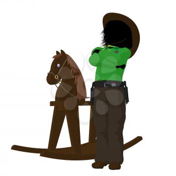 Royalty Free Clipart Image of a Little Cowboy and Rocking Horse