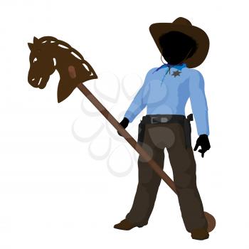 Royalty Free Clipart Image of a Little Cowboy and Toy Horse