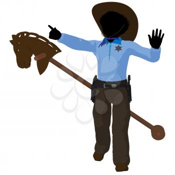 Royalty Free Clipart Image of a Little Cowboy and Toy Horse