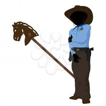 Royalty Free Clipart Image of a Little Cowboy and Toy Horse