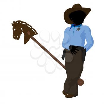 Royalty Free Clipart Image of a Little Cowboy and Toy Horse