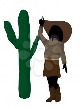 Royalty Free Clipart Image of a Cowgirl Beside a Cactus