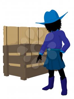 Royalty Free Clipart Image of a Little Cowgirl Beside a Crate