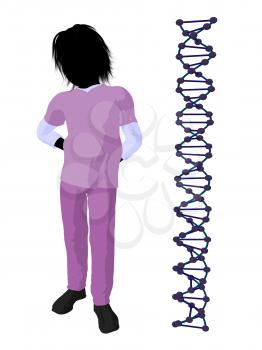 Royalty Free Clipart Image of a Boy Doctor Next to a DNA Strand