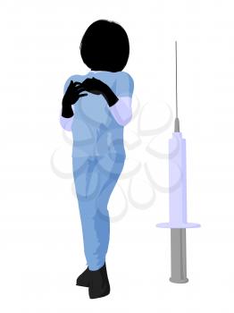 Royalty Free Clipart Image of a Girl Doctor Beside a Syringe