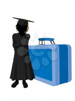 Royalty Free Clipart Image of a Graduate Beside a Large Lunchbox