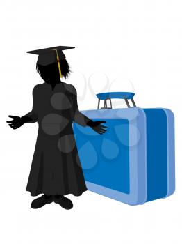 Royalty Free Clipart Image of a Graduate Beside a Large Lunchbox