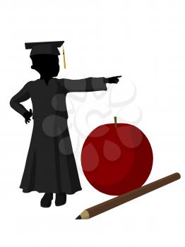 Royalty Free Clipart Image of a Graduate Beside a Large Apple and Pencil