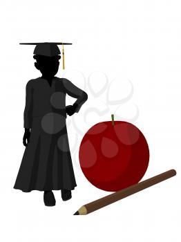 Royalty Free Clipart Image of a Graduate Beside a Large Apple and Pencil