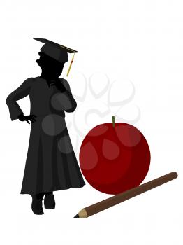 Royalty Free Clipart Image of a Graduate Beside a Large Apple and Pencil