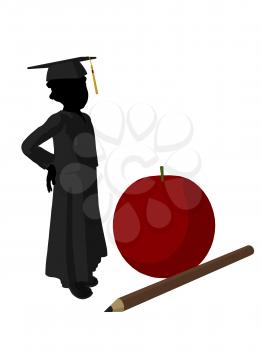 Royalty Free Clipart Image of a Graduate Beside a Large Apple and Pencil