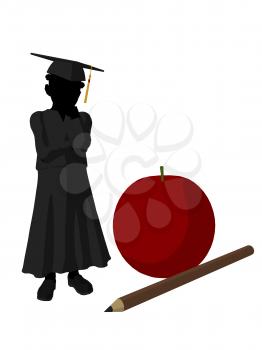 Royalty Free Clipart Image of a Graduate Beside a Large Apple and Pencil