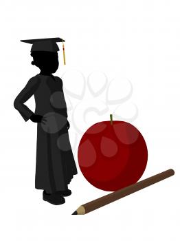 Royalty Free Clipart Image of a Graduate Beside a Large Apple and Pencil