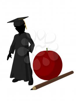 Royalty Free Clipart Image of a Graduate Beside a Large Apple and Pencil