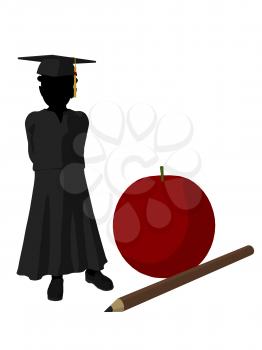 Royalty Free Clipart Image of a Graduate Beside a Large Apple and Pencil