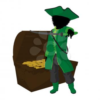 Royalty Free Clipart Image of a Little Pirate and a Treasure Chest