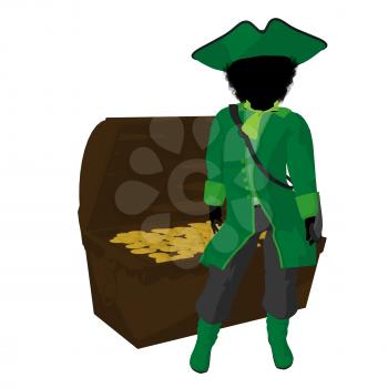 Royalty Free Clipart Image of a Little Pirate and a Treasure Chest