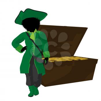 Royalty Free Clipart Image of a Little Pirate and a Treasure Chest