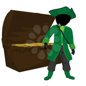 Royalty Free Clipart Image of a Little Pirate and a Treasure Chest