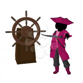 Royalty Free Clipart Image of a Girl Pirate With a Steering Wheel