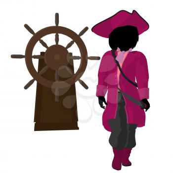 Royalty Free Clipart Image of a Girl Pirate With a Steering Wheel