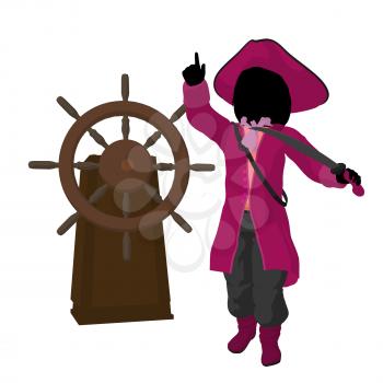 Royalty Free Clipart Image of a Girl Pirate With a Steering Wheel