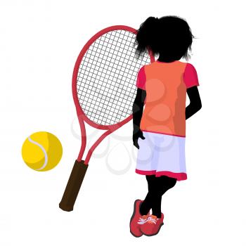 Royalty Free Clipart Image of a Girl, Tennis Racket and Ball