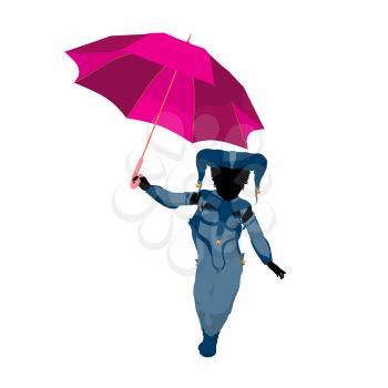 Royalty Free Clipart Image of a Little Jester With an Umbrella