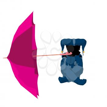 Royalty Free Clipart Image of a Little Jester With an Umbrella