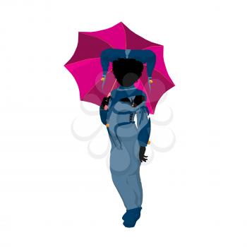 Royalty Free Clipart Image of a Little Jester With an Umbrella