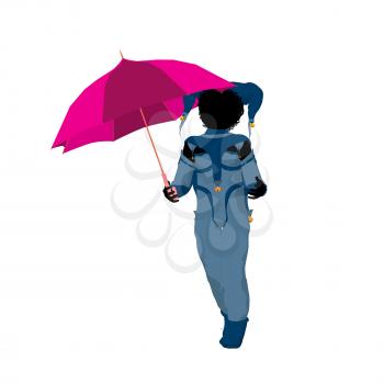 Royalty Free Clipart Image of a Little Jester With an Umbrella